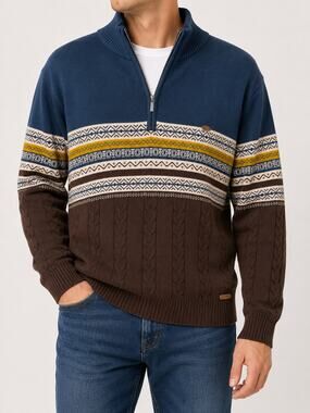 AIOPESON Mens Quarter Zip Fair Isle Cable Knit Cotton Cardigan Size Large NWT